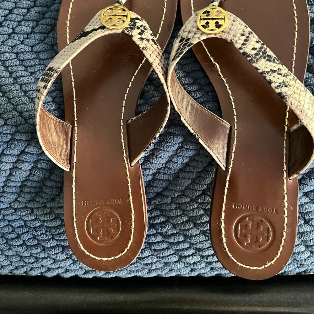 Tory Burch snakeskin leather flip flops